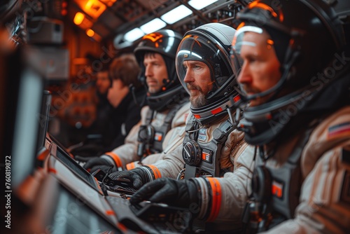 Team of astronauts in full gear using control panels inside a spacecraft featuring meticulous detail and futuristic design