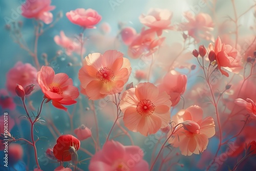 Tranquil scene of vibrant pink flowers bathed in warm sunlight © bluebeat76