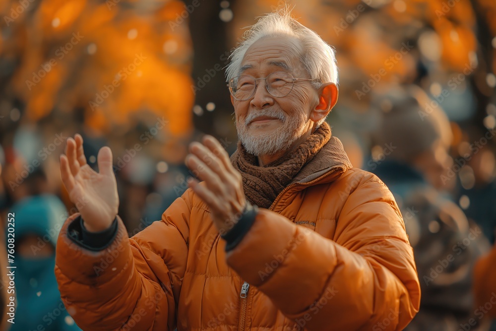An enthusiastic elderly man in a warm jacket applauds during an outdoor event, with surrounding people in a blur on an autumn day