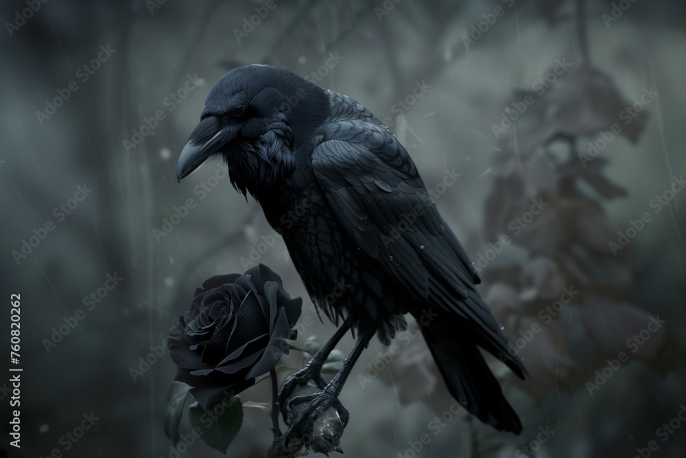 Fototapeta premium black raven crow bird and black rose flower. 