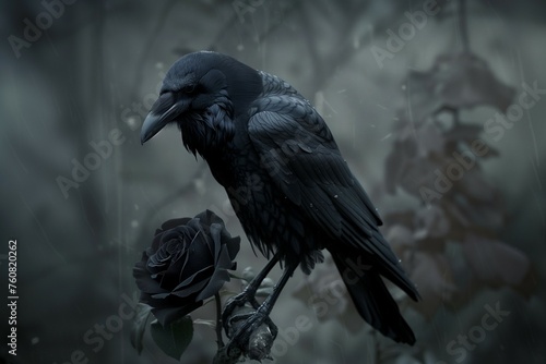 black raven crow bird and black rose flower. 