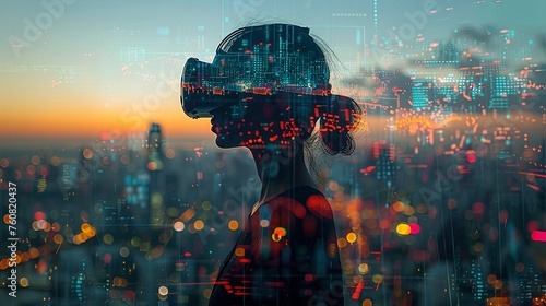 A person with a virtual reality headset stands against a cityscape backdrop, symbolizing the fusion of technology and urban life. Modern technology in life. Generative AI
