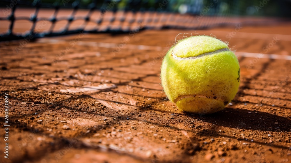 Close-up of tennis ball on clay court with net in background