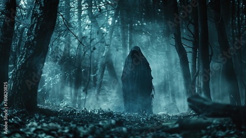 Scary monster in a dark forest. Halloween fantasy scene with creepy figure in dark forest