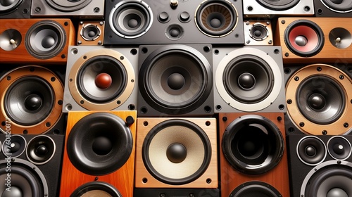 Variety of sound speakers in close-up view