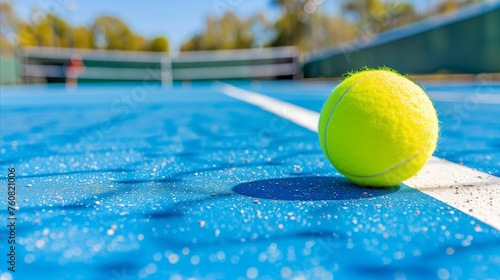 Bright tennis ball on a blue court with blurred background © Mustafa