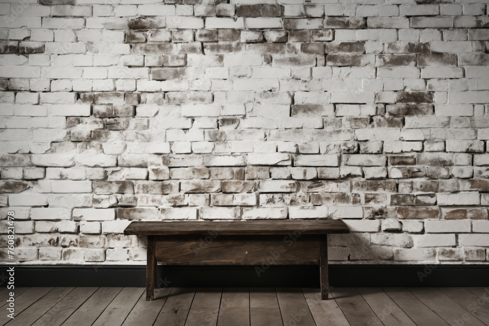 an old white brick wall and a bench in the home interior as a background or texture an old white brick wall and a bench in the home interior as a background or texture
