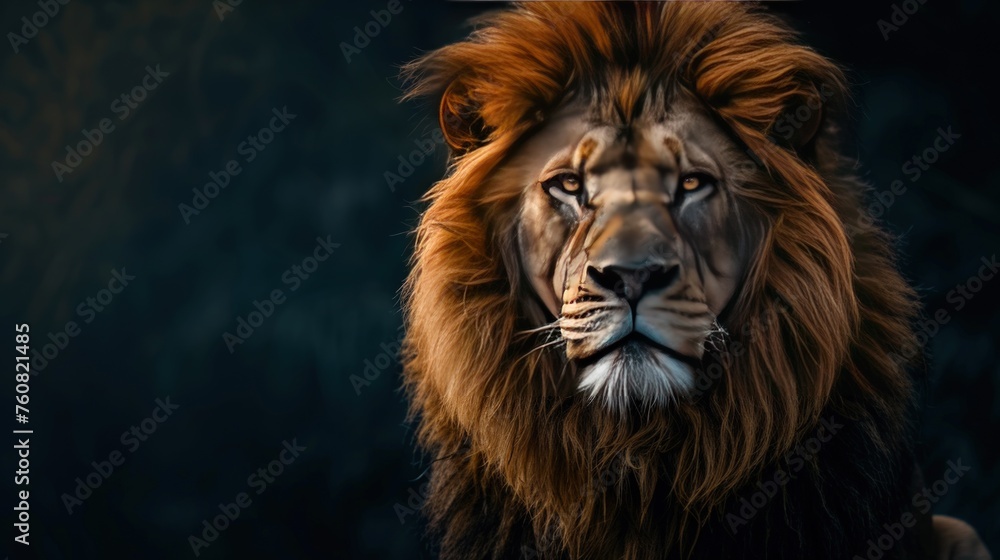 Fototapeta premium Illustration of a majestic lion portrait on a black background with copy space.