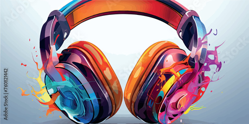 Colorful 3D headphones in splashes of paint logo art illustration vector. Stylish gaming headphones print on clothes, fabric and paper. Gadget for listening to music.