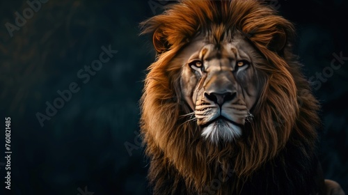 Illustration of a majestic lion portrait on a black background with copy space.