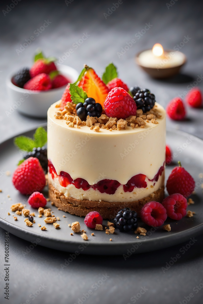 affiniertes Beeren-Cheesecake-Dessert mit knusprigem Topping und Fruchtkompott affiniertes Beeren-Cheesecake-Dessert mit knusprigem Topping und Fruchtkompott