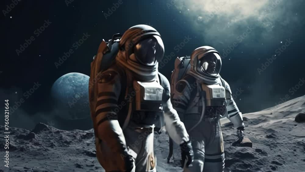 Astronaut in a spacesuit on an asteroid or planet moon in outer space. AI generated Astronaut in a spacesuit on an asteroid or planet moon in outer space. AI generated