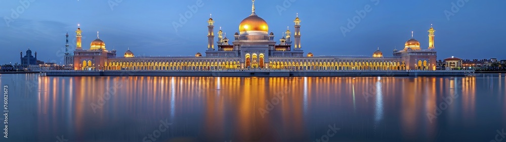Obraz premium Ramadan background. Eid al-Fitr celebration night. Best super ultra wide for wallpaper.