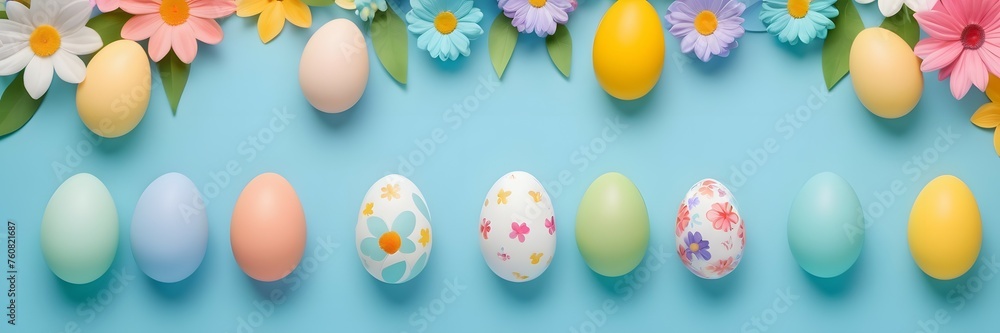 Easter eggs and flowers on a blue background. Easter day banner