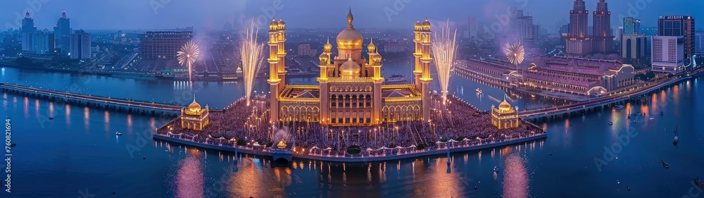 Obraz premium Ramadan background. Eid al-Fitr celebration night. Best super ultra wide for wallpaper.