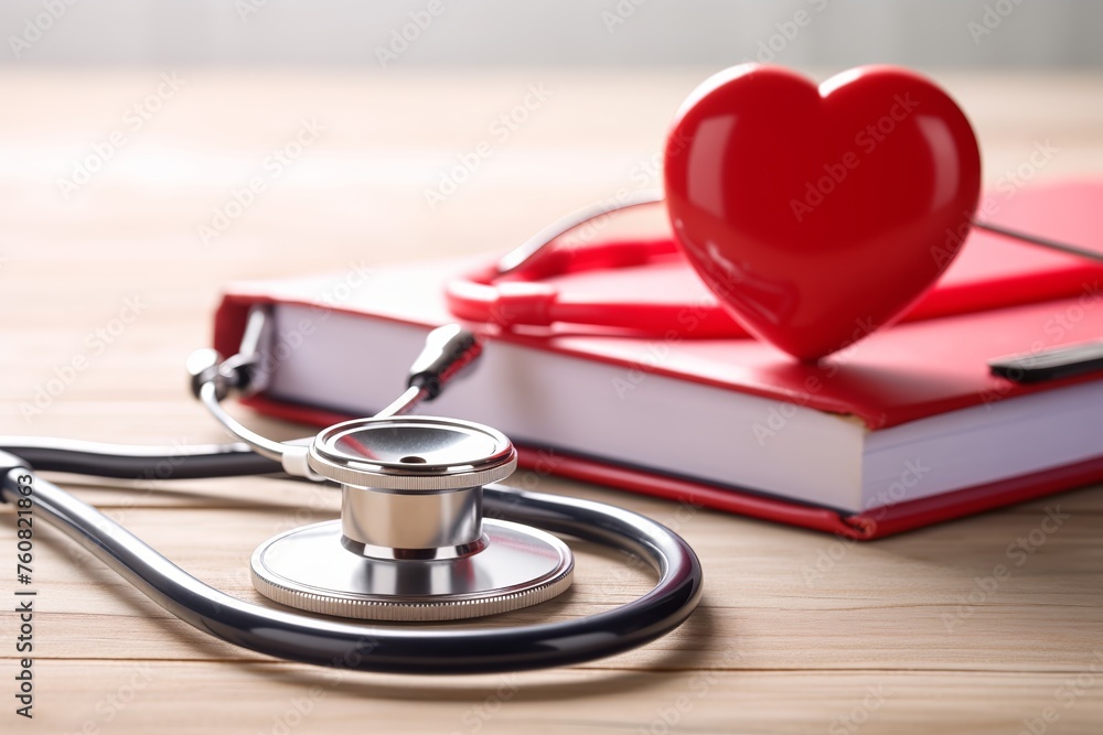 Stethoscope and heart on medical textbook Stethoscope and heart on medical textbook