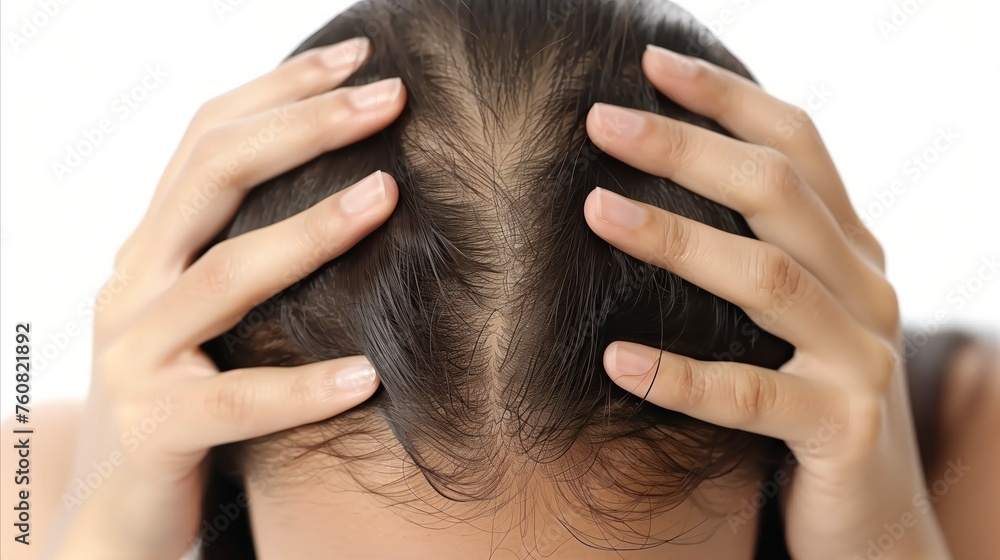 Naklejka premium Concerned woman examining her hair loss problem closely