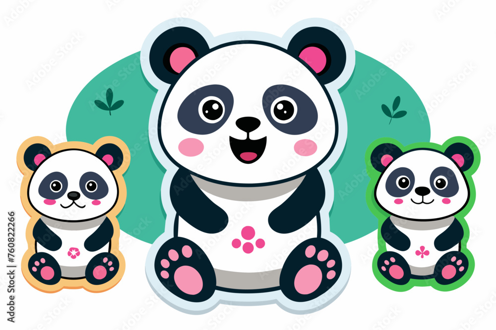 Panda stickers for kids on white background, vector illustration