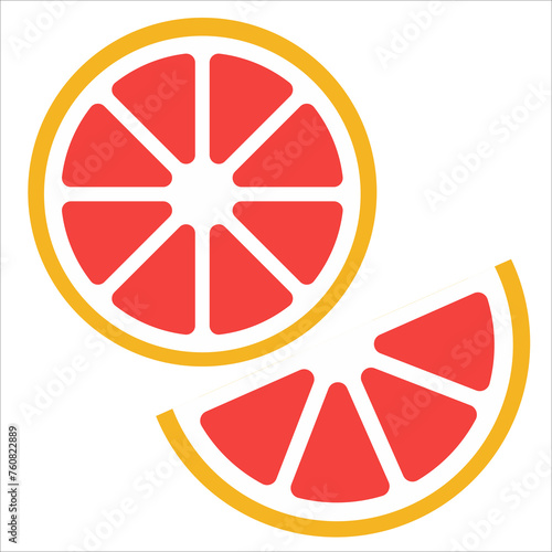 Circular fruit, grapefruit character drawn with bright saturated colors in yellow and pink with white stripes, vector illustration