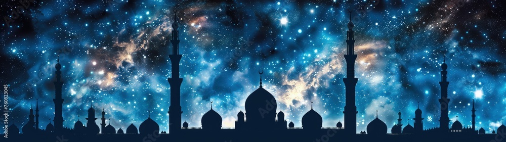 Ramadan background. Beautiful mosque silhouette background and night sky. Best super ultra wide for wallpaper. - obrazy, fototapety, plakaty 