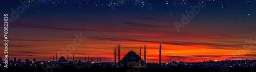 Ramadan background. Beautiful mosque silhouette background and night sky. Best super ultra wide for wallpaper.