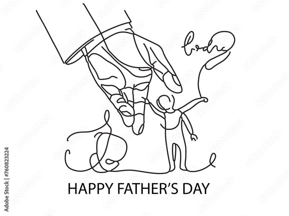 Happy Father's Day vector background,poster, banner, dab carries kid on his shoulders,one  continuous line drawing with lattering father's day.