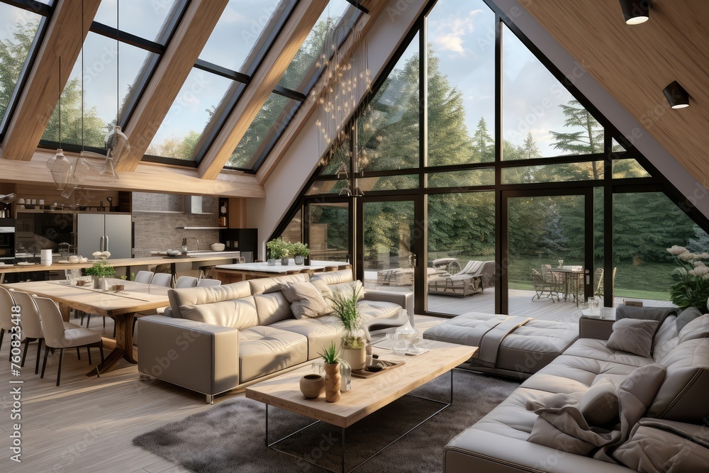Private House Interior Design, Large Panoramic Windows, Triangular Roof, Large Table and Chairs