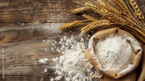 A bag of flour surrounded by grain, top view © PhotoHunter