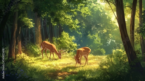 A pair of gentle deer grazing peacefully in a sun-dappled forest clearing  surrounded by towering trees.