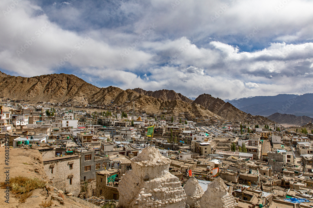 Mesmerizing scenic view of Old Leh City from Leh Palace. The city is ...