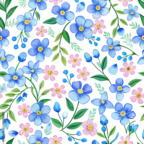 blue spring flowers and leaves pastel seamless pattern background photo