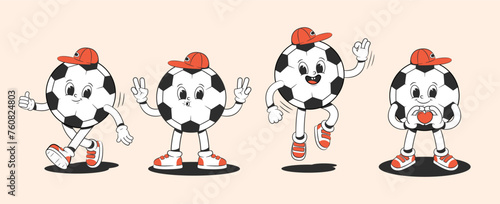 Cartoon groovy soccer ball character in groovy style in different poses. Characters from the 30s. Funny colorful illustration in hippie style.
