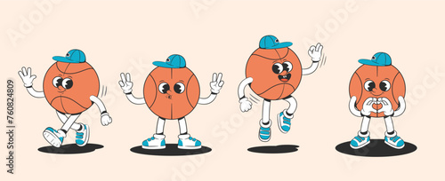 Cartoon groovy basket ball character in groovy style in different poses. Characters from the 30s. Funny colorful illustration in hippie style.