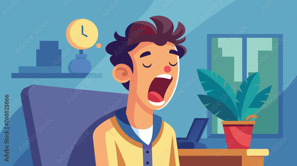 Tired Man Yawning at Desk in Office Setting Tired Man Yawning at Desk in Office Setting