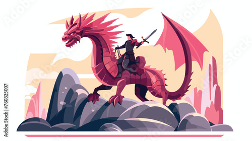 A brave knight riding a dragon into battle. flat ve