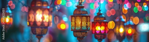 Ramadan background. Beautiful lantern light sparkle background. Best super ultra wide for wallpaper. © pengedarseni