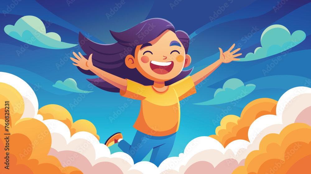 Joyful Child Jumping Above Clouds at Sunset