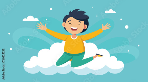 Joyful Boy Floating on Cloud in Sky