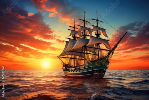 Spectacular view of antique ship sailing at dawn with colorful clouds and rising sun