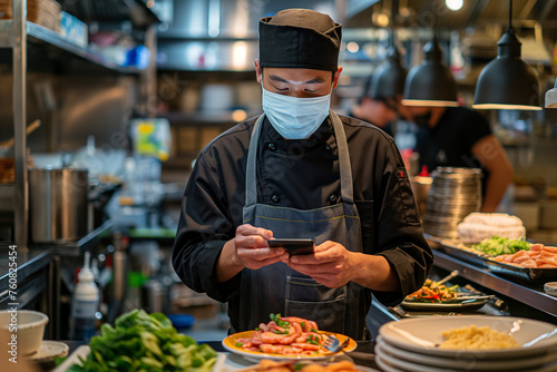 Chef in Uniform Checking Cell Phone