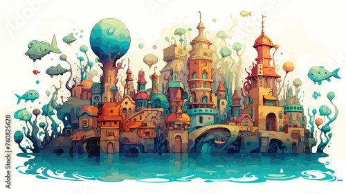 A bustling underwater city inhabited by colorful se