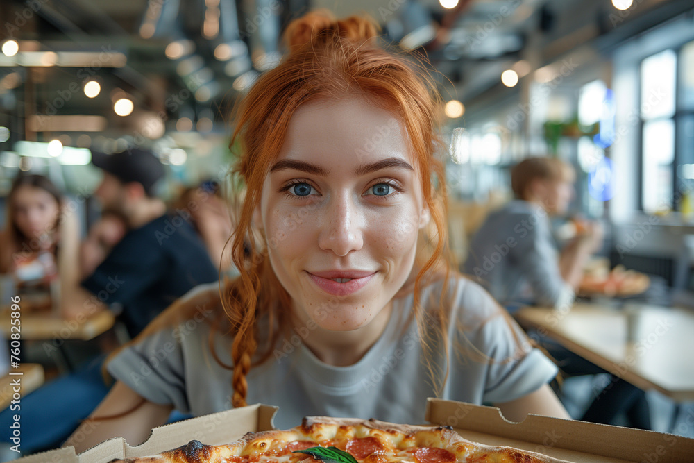 Woman working in high tech company, taking a break- eating pizza