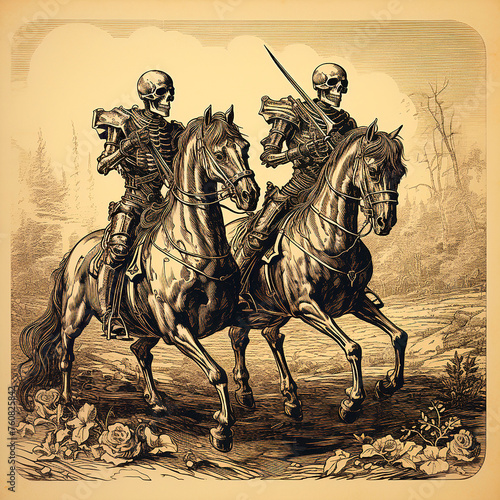 Two skeletons knights clad in armor are riding on majestic horses. They appear ready for battle, with swords in hand and shields on their arms. Black and white drawing, vintage engraving style