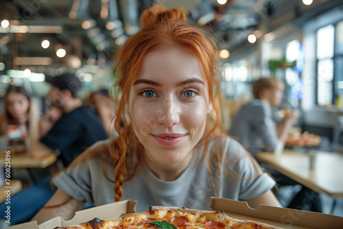 Woman working in high tech company  taking a break- eating pizza