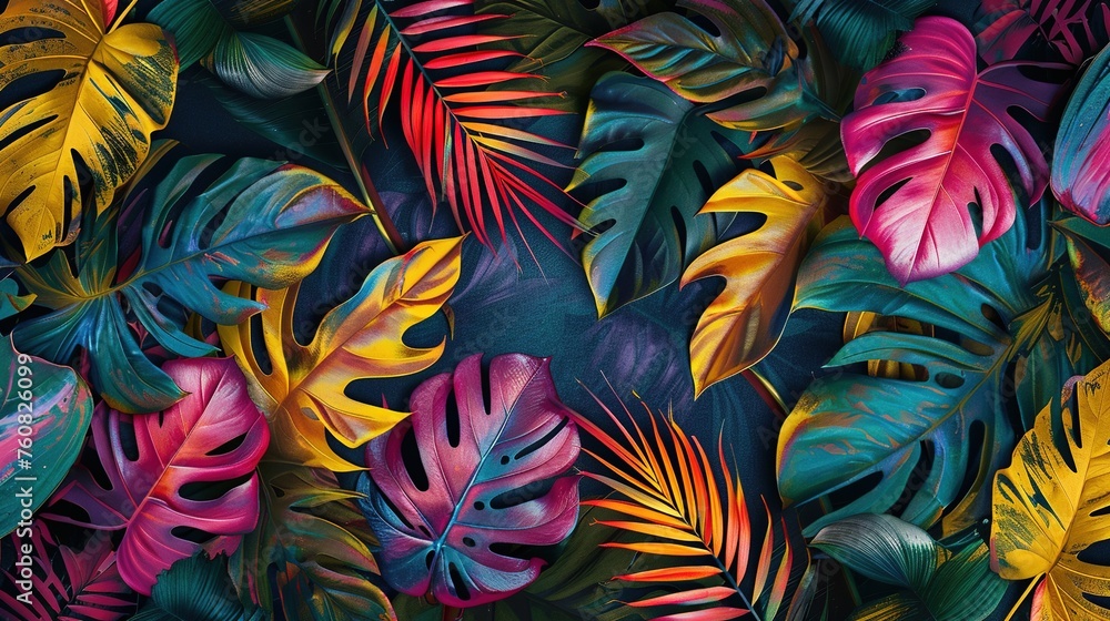 Tropical leaves in a bright coloured pattern on a dark background