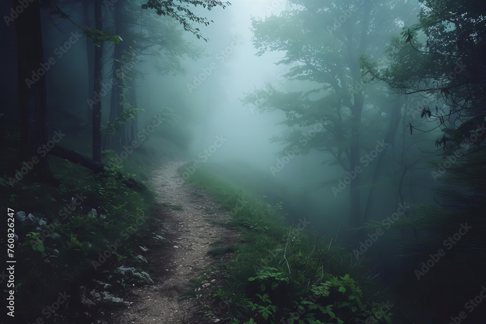 Foggy forest path leading into the unknown Creating a mystical and adventurous setting for storytelling or exploration themes.