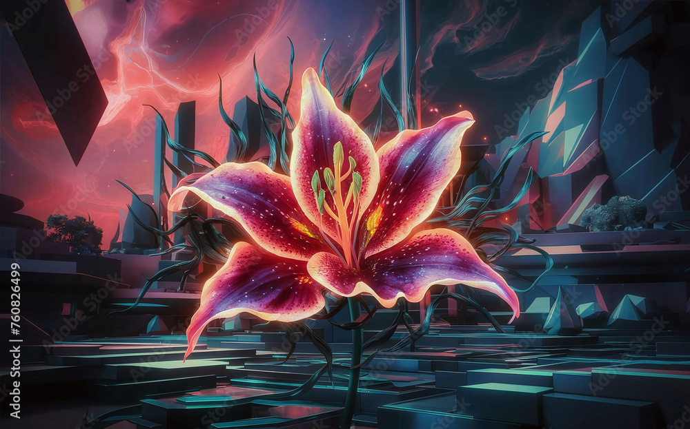 A stunning cinematic illustration of a vibrant, dark fantasy world, with a captivating 3D render of a stylized lily flower. The flower glows with an otherworldly aura, emitting a mysterious energy in 