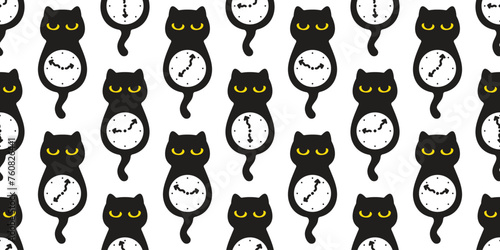 cat seamless pattern clock black kitten calico vector munchkin neko pet cartoon doodle gift wrapping paper tile background repeat wallpaper illustration isolated design © CNuisin