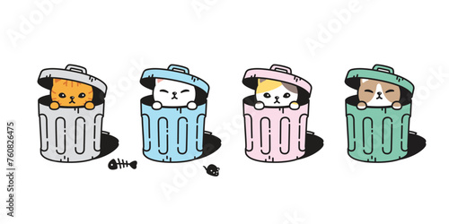cat vector rubbish bin garbage trash can icon kitten calico neko pet cartoon character munchkin illustration symbol clip art isolated design