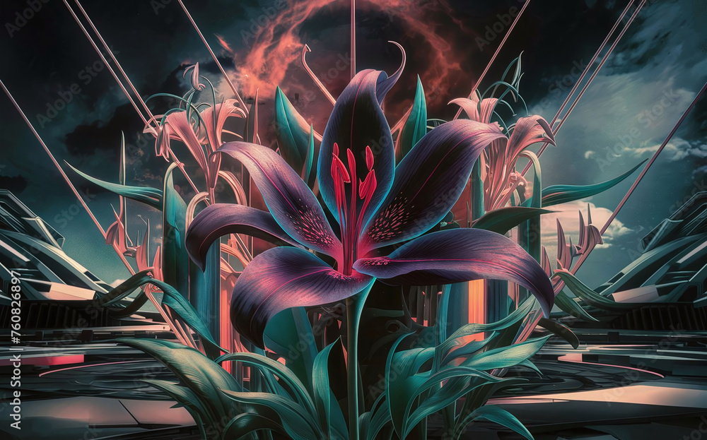 Obraz premium A stunning cinematic illustration of a vibrant, dark fantasy world, with a captivating 3D render of a stylized lily flower. The flower glows with an otherworldly aura, emitting a mysterious energy in 